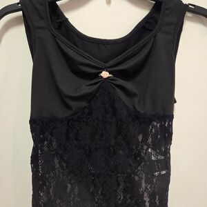 Women's Black Lace Top with Pink Rose Detail